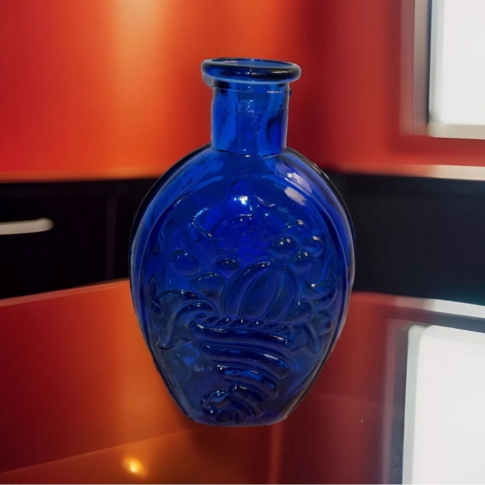 Vintage Cobalt Blue Cornucopia Flask 7" Vase